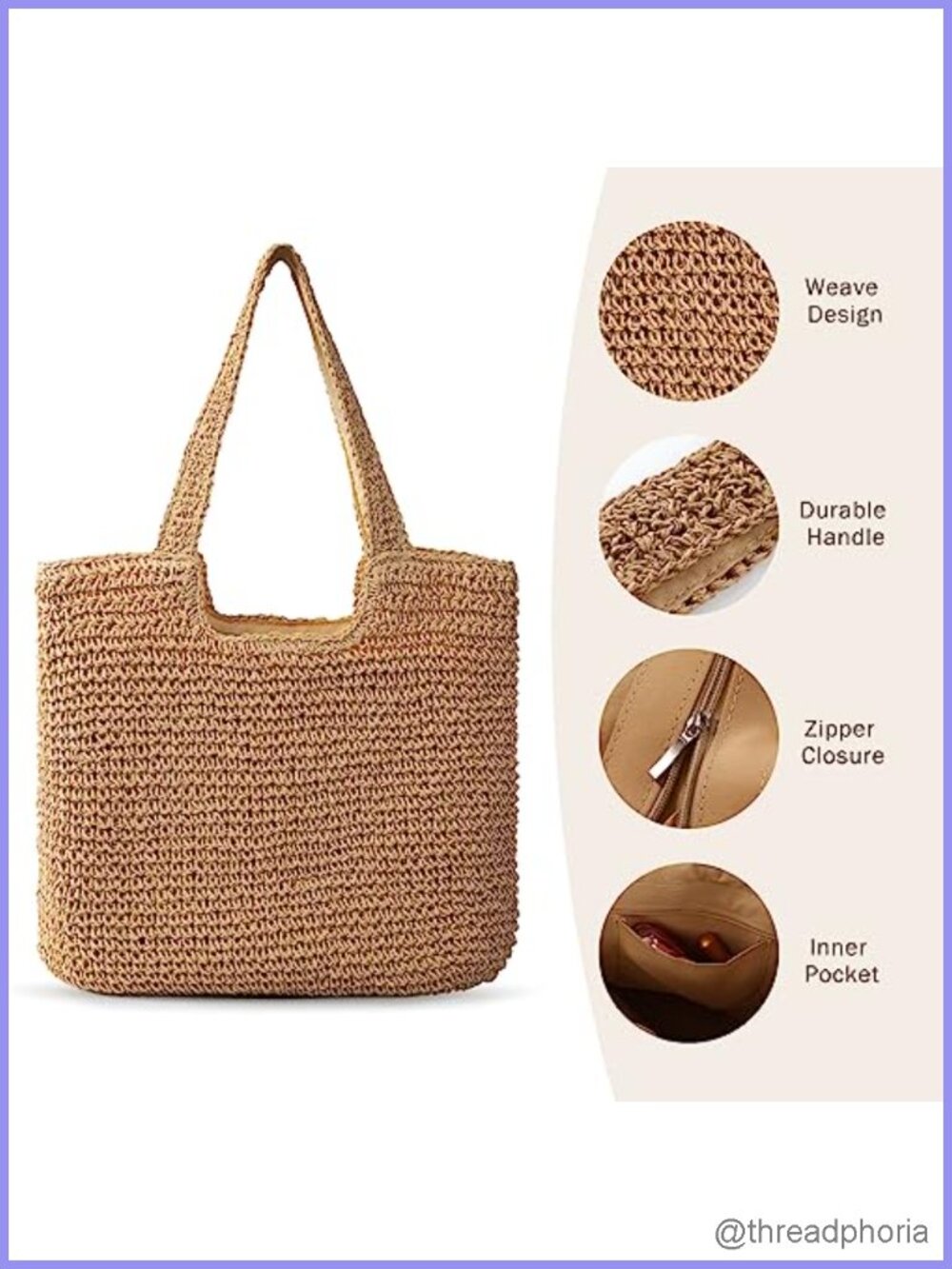 Large Woven Straw Beach Tote Bag Waterproof Lightweight Women's Shoulder Handbag - Picture 4 of 6